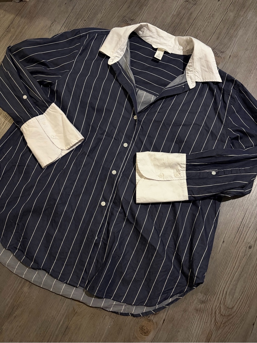 Women’s H&M Navy Blue Pinstripe Shirt with White Collar & Cuffs